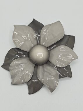 Shades of Gray Enamel Flower Brooch Layered Vintage 3.25" Statement